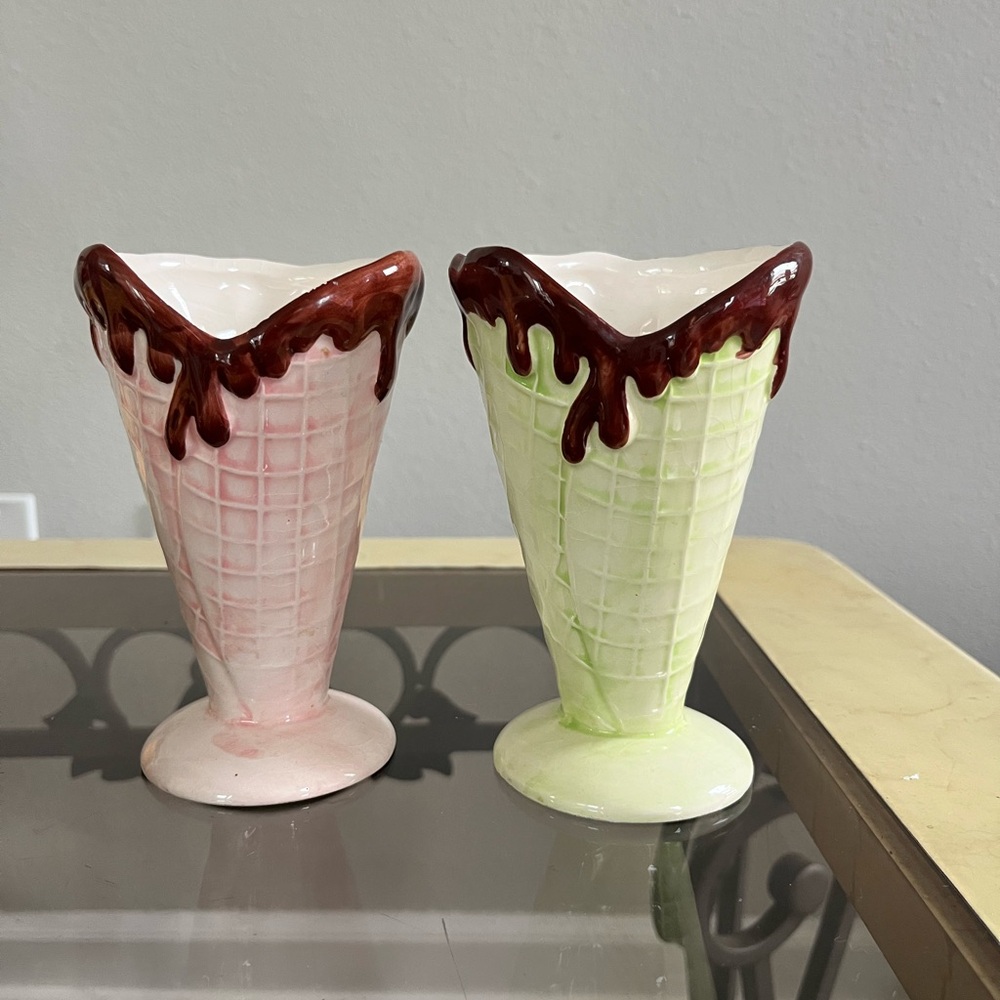 Ice Cream Cone Ceramic Vases - Pink and Green